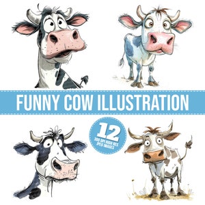 面白い牛のクリップアート、12 JPG、クレイジーな牛の印刷可能な画像、面白い動物のイラスト、ウォールアート、デジタルダウンロード、ジャンクジャーナル、Tシャツグラフィック