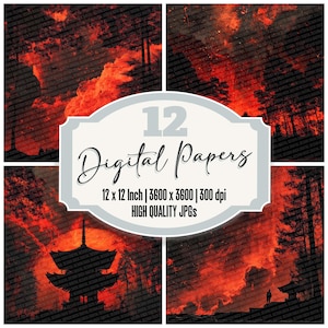 12 papeles de diario basura Crimson Shrine, paquete de papel digital Glowing Temple, fondos dramáticos, papeles recortados JPG, descarga de álbumes de recortes