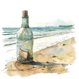 Clipart de mensaje en una botella, 12 archivos JPG, clipart de playa náutica, clipart de acuarela imprimible, manualidades de papel, descarga digital, revistas basura