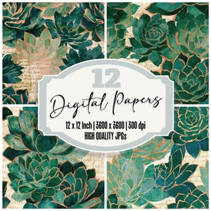 May include: A collection of 12 digital papers featuring a repeating pattern of dark green succulents with copper-coloured outlines layered over a beige background with cursive script text. The central label reads 12 Digital Papers 12 x 12 Inch 3600 x 3600 300 dpi HIGH QUALITY JPGs.