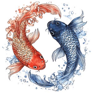 Peut inclure: Illustration à l'aquarelle de deux carpes koï disposées en cercle. L'une est rouge, l'autre bleue, avec des détails sur les écailles et les nageoires. Des éclaboussures et des bulles d'eau entourent les poissons, créant une composition dynamique.