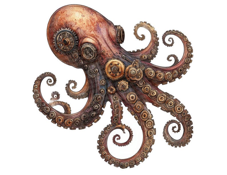 Steampunk Octopus PNG-clipart, 12 x mechanische Kraken-illustraties, afdrukbare aquarel koppotigen illustratie, Paper Crafts, digitale download afbeelding 7