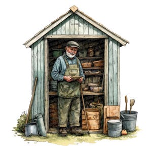 Clipart PNG grand-père, 12 x abri de jardin rustique Clip Art, clipart aquarelle imprimable, créations en papier, téléchargement numérique, journal indésirable