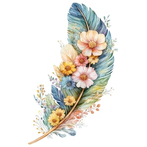 12 x Floral plume Clipart, Clipart plume et fleurs, JPG de haute qualité, téléchargement numérique, fabrication de cartes, des cliparts aquarelle, plumes Boho