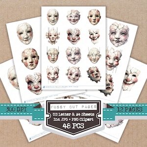 Fogli di ritaglio di precisione con marionette infestate ad acquerello, 12 pagine stampabili, ritagli per junk journal, elementi decorativi per biglietti d'auguri, stampa e ritaglia, digitale