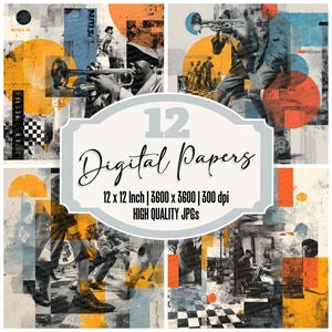Könnte beinhalten: Eine Collage von 12 digitalen Papieren mit Jazz-Motiven. Die Kunstwerke zeigen Musiker mit Instrumenten, mit orangefarbenen, blauen und schwarzen geometrischen Formen. Der Text lautet "12 Digital Papers" und "12 x 12 Inch | 3600 x 3600 | 300 dpi HIGH QUALITY JPGs."