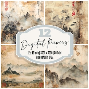 12x Aged Chinese Scrolls Junk Journal Paper Vintage Digital Paper Pack Distressed Asian Backgrounds High Quality JPGs Scrapbook Paper