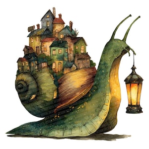 May include: A watercolour illustration depicts a snail with a village on its back. The snail is green and brown, with a shell covered in houses. It carries a lantern, emitting a warm light. The houses have lit windows, creating a cosy scene.