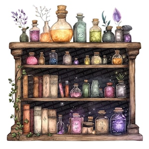 Potion Shelf PNG Clipart, 12x Watercolor Magic Bookshelf Clip Art Set, Printable Fantasy Clip Art,Digital Download,Paper Crafts,Junk Journal