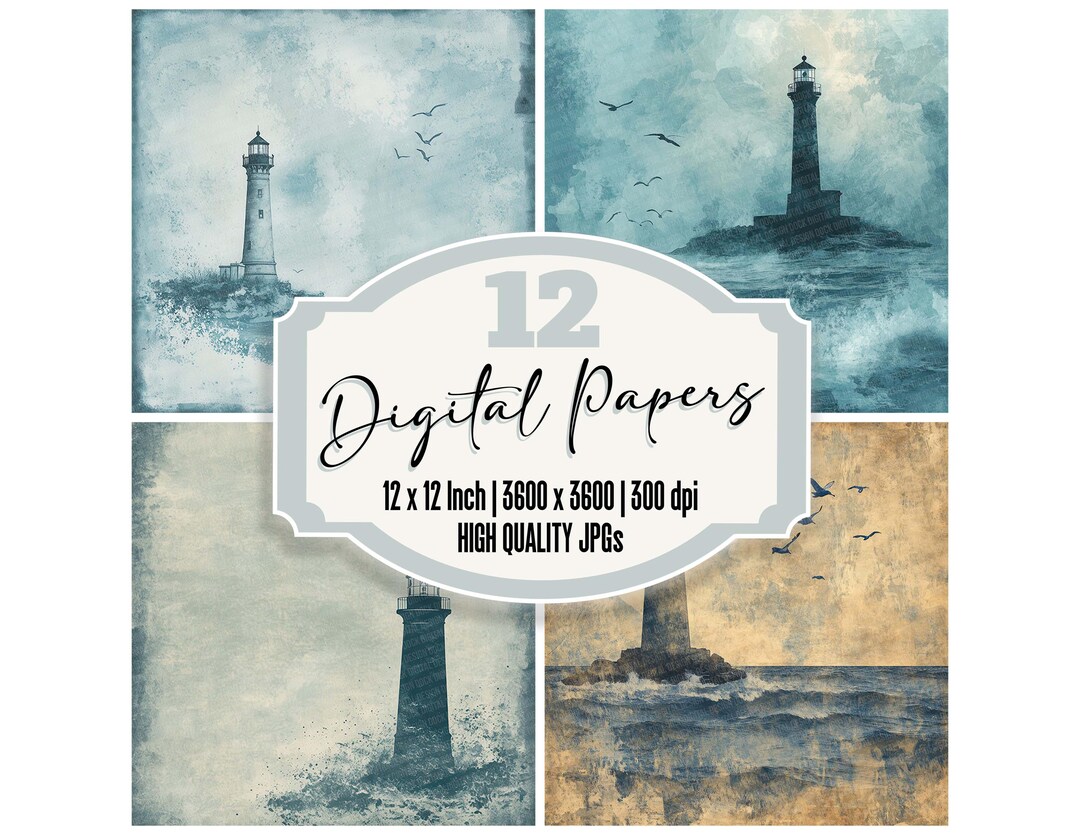 12x Ink Lighthouse Junk Journal Paper Coastal Digital Paper Pack ...