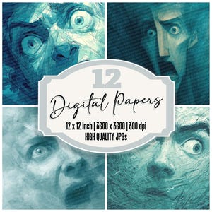 12x expression de panique papier journal indésirable yeux abstraits paquet de papier numérique tons bleus JPG haute qualité téléchargement de scrapbooking