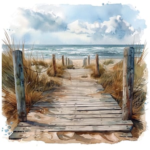 Beach Boardwalk PNG Clipart, 12x Sand Dunes Watercolour Clip Art Set, Printable Coastal Scene Art, Digital Download, No Background PNG