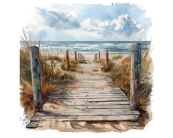 Beach Boardwalk PNG Clipart, 12x Sand Dunes Watercolour Clip Art Set, Printable Coastal Scene Art, Digital Download, No Background PNG