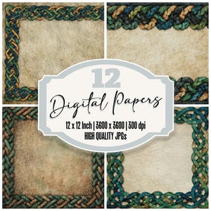 May include: Four digital paper designs with a textured, parchment-like background. Each paper is framed with a Celtic knot border in shades of green, blue, and brown. The image includes the text "12 Digital Papers".