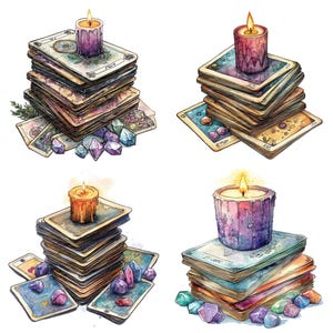 May include: Four stacks of tarot cards with lit candles on top. Each stack has a different colored candle and is surrounded by small purple, blue, and green crystals.