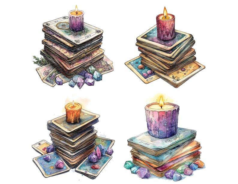 May include: Four stacks of tarot cards with lit candles on top. Each stack has a different colored candle and is surrounded by small purple, blue, and green crystals.