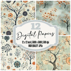12 x Mint Tree Wheel Junk Journal Paper Folk Floral Digital Paper Pack Hoge kwaliteit JPG's Grillige natuur achtergrond Scrapbookpapier downloaden