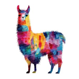 May include: A colorful watercolor illustration of a llama. The llama is depicted in a vibrant array of colors, including red, blue, yellow, and purple. The artwork has a whimsical and artistic style, perfect for wall art or decor.