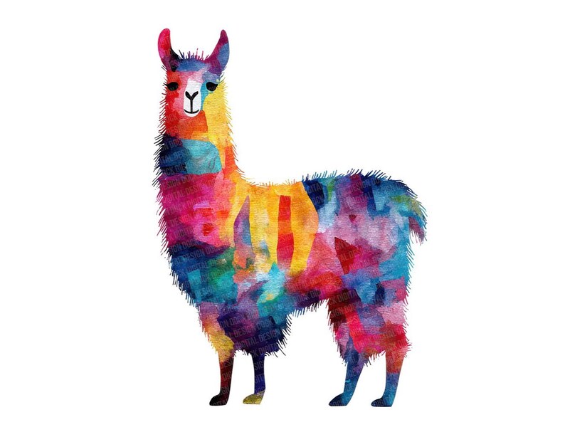 May include: A colorful watercolor illustration of a llama. The llama is depicted in a vibrant array of colors, including red, blue, yellow, and purple. The artwork has a whimsical and artistic style, perfect for wall art or decor.