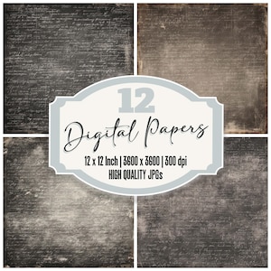 May include: A collage of four digital papers with a vintage aesthetic. The papers feature a distressed, textured appearance with handwritten script and aged tones. The image includes the text "12 Digital Papers".