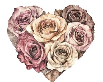 Imágenes prediseñadas PNG de corazones de rosas vintage, conjunto de 12 imágenes prediseñadas de corazones florales en acuarela, ilustración de rosa romántica imprimible, descarga digital, manualidades en papel.