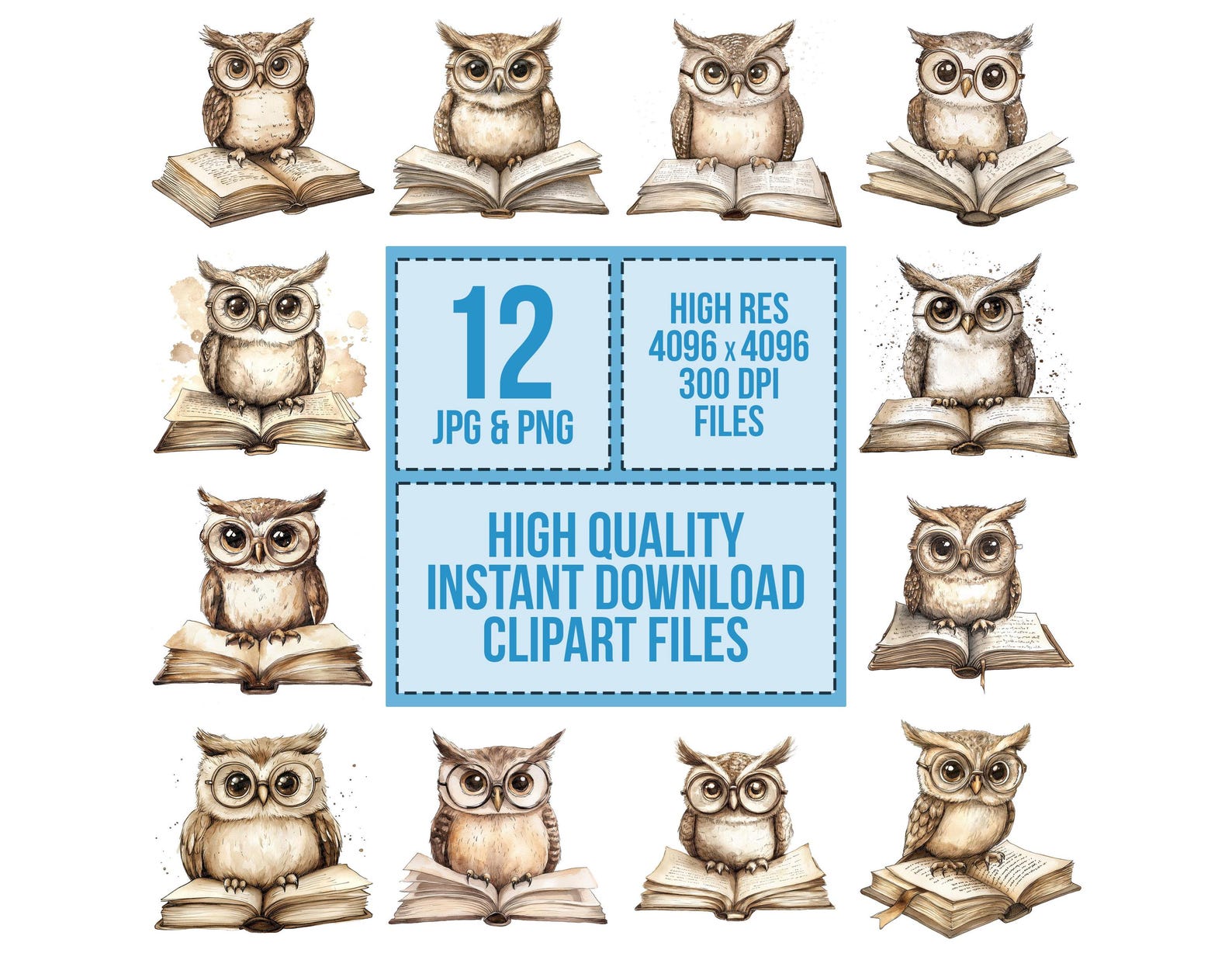 Owl PNG Clipart, 12x Book Reading Owls Clip Art Set, Printable ...