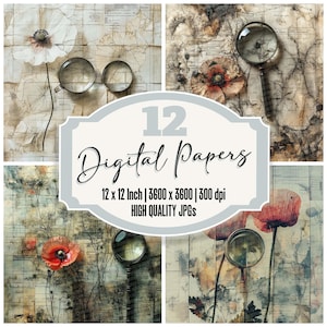 12 x Poppy Lens Junk Journal Paper Botanical Digital Paper Pack JPGs de haute qualité vintage Texture Scrapbook Ephemera Télécharger