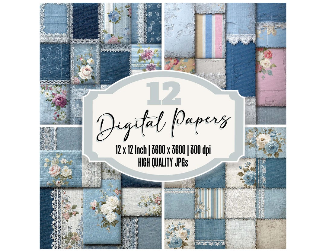 12x Shabby Chic Patchwork Junk Journal Paper Digital Paper Pack Lace ...