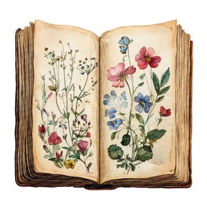 Fleurs pressées livre des cliparts PNG, 12 x illustration botanique vintage, clipart aquarelle imprimable, créations en papier à télécharger, journal indésirable