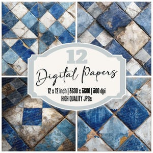 May include: A digital art collection featuring 12 high-quality JPGs. The images showcase a repeating pattern of blue, white, and tan diamond-shaped tiles. Each tile measures 12 x 12 inches, with a resolution of 3600 x 3600 pixels at 300 dpi.