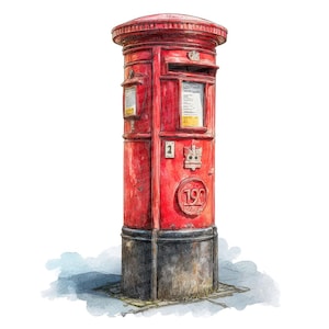 May include: A tall, red, cylindrical mailbox with a domed top. The mailbox has a slot for mail, a small door, and decorative emblems. The base is dark gray, and the mailbox is set on a stone surface.