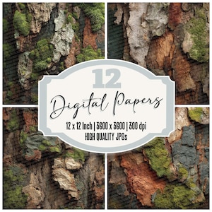 12 papeles digitales de diario con textura natural y corteza de musgo, con textura de grano de bosque, de alta calidad, en formato JPG, para álbumes de recortes, descarga.
