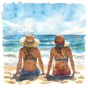 12x Freunde am Strand Clipart, Sonnenbaden Clipart, druckbare Aquarell Clipart, Wandkunst, Papiermodelle, digitaler Download, Junk Journals