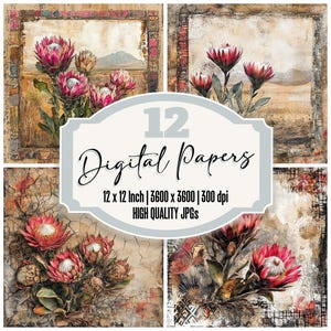 12x South Africa Protea Junk Journal Paper Floral Digital Paper Pack Mudcloth Texture Botanical Backgrounds High Quality JPGs