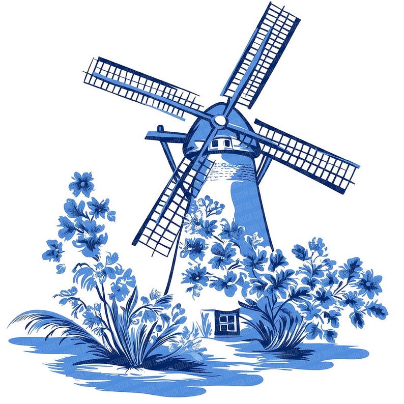 Puede incluir: Una ilustraci&oacute;n azul y blanca de un molino de viento con un dise&ntilde;o holand&eacute;s tradicional. El molino de viento est&aacute; rodeado de flores azules y un peque&ntilde;o estanque.