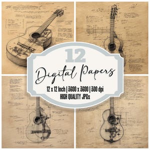 12 Guitarra Digital Papel Vintage Junk Journal Papel Esboço Musical JPGs de Alta Qualidade Fundos Imprimíveis Download Digital