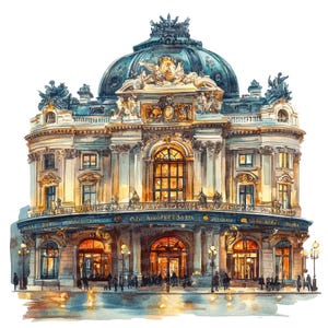 12 imágenes prediseñadas de acuarela de la Ópera, arte emblemático de París, arquitectura francesa, imágenes prediseñadas imprimibles, JPG de alta calidad, descarga digital, manualidades de papel