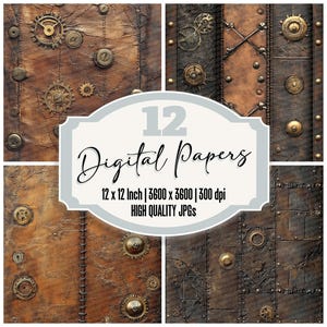 Könnte beinhalten: Zwölf digitale Papiere mit einem Steampunk-Design aus braunem Leder, Metallgetrieben und Nieten. Die Papiere sind 30,48 cm x 30,48 cm groß und haben 300 dpi.