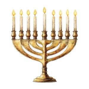 May include: A watercolour illustration of a gold menorah with nine lit candles. The candles have yellow flames and are set in a decorative, curved holder. The menorah is a symbol of the Jewish holiday of Hanukkah.