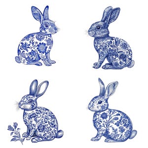 Delf Blue Rabbit Delft Blue Rabbit Clipart, 12x Watercolor Bunny PNG Set, Floral Rabbit ...
