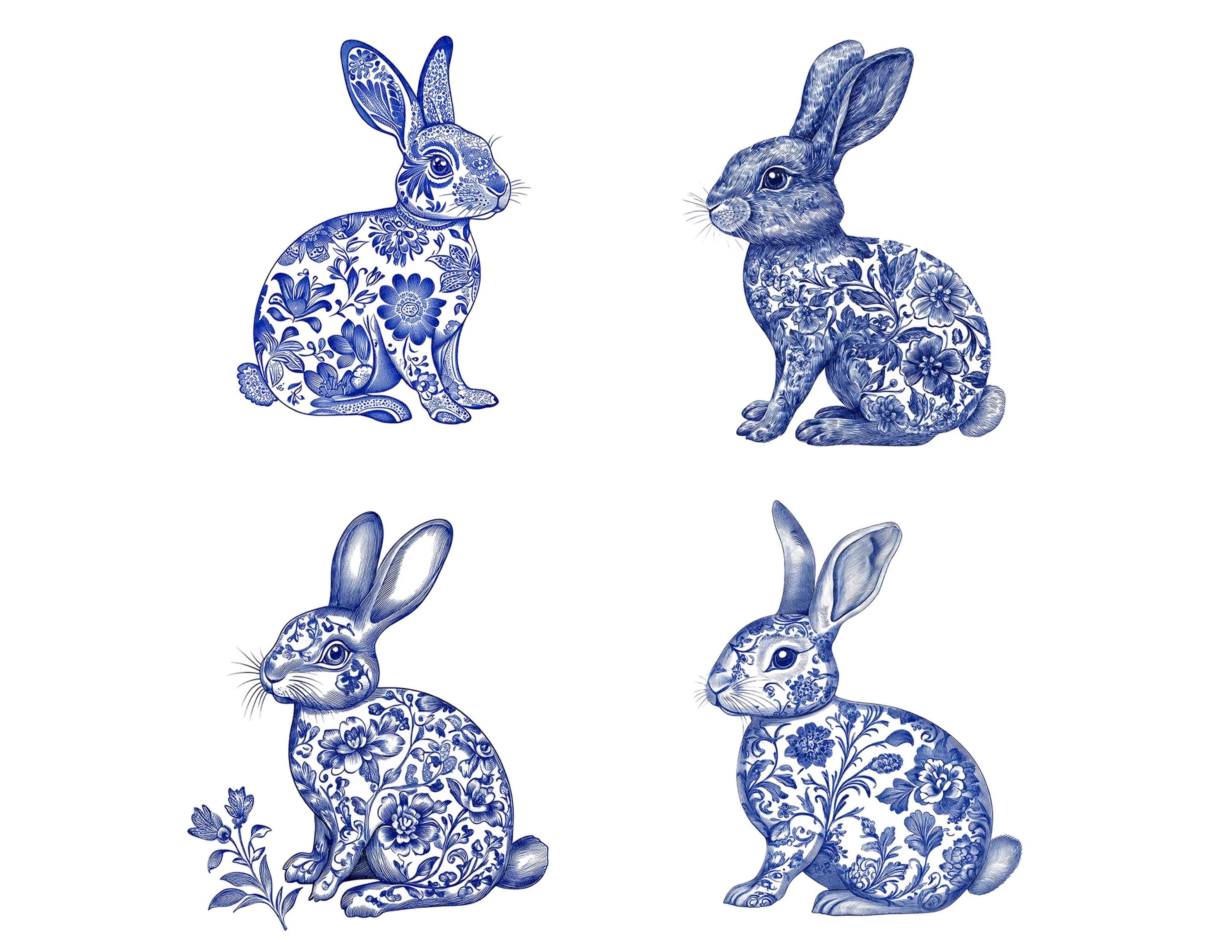 Delf Blue Rabbit Delft Blue Rabbit Clipart, 12x Watercolor Bunny PNG Set, Floral Rabbit ...