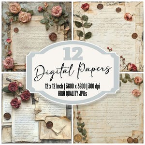12x Carta de Rosa Vitoriana Papel de Rolagem de Diário de Papel Digital Vintage Pacote de Papel JPGs de Alta Qualidade Papel de Scrapbook Digital para Download