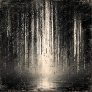 Peut inclure: Impression num&eacute;rique abstraite sur le th&egrave;me de la matrice. Des flux verticaux de code binaire descendent sur un fond textur&eacute; de couleur s&eacute;pia. L'&oelig;uvre a une esth&eacute;tique grunge avec un bord d&eacute;lav&eacute; et vieilli, &eacute;voquant la technologie et les donn&eacute;es.