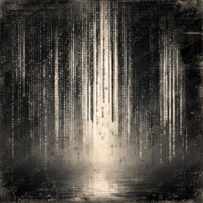 Peut inclure: Impression num&eacute;rique abstraite sur le th&egrave;me de la matrice. Des flux verticaux de code binaire descendent sur un fond textur&eacute; de couleur s&eacute;pia. L'&oelig;uvre a une esth&eacute;tique grunge avec un bord d&eacute;lav&eacute; et vieilli, &eacute;voquant la technologie et les donn&eacute;es.