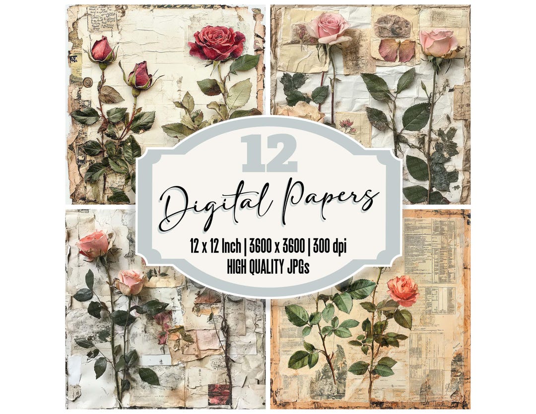 12x Botanical Rose Junk Journal Paper Digital Paper Pack Victorian Tag ...