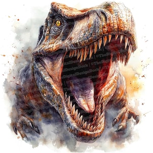 Op de afbeelding: Een aquarel schilderij van een Tyrannosaurus Rex dinosaurus met zijn bek open, waardoor zijn scherpe tanden zichtbaar zijn. De dinosaurus is geschilderd in tinten bruin, oranje en geel, met een vleugje rood op zijn tong. De achtergrond is een aquarel was van lichtbruin en oranje.