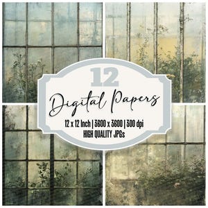 12x Forgotten Greenhouse Junk Journal Paper, Vintage Digital Paper Pack, Mossy Glass Textures, High Quality JPGs, Digital Download