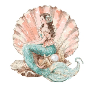 May include: Watercolor illustration of a mermaid seated in a large seashell. The mermaid has long brown hair, a teal tail, and a peach and teal top. The seashell is pink and beige, with a pearl and coral accents.