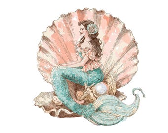 12 Seashell Mermaid PNG Clipart, Watercolour Ocean Clip Art Set, Printable Watercolor Clip Art, Digital Download, Transparent Background PNG