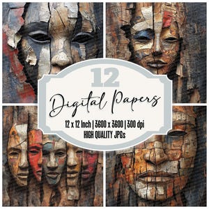 12 x tribal hout ongewenste dagboek papier ritueel masker digitaal papier pack gebarsten textuur aardse achtergronden hoge kwaliteit jpg's downloaden